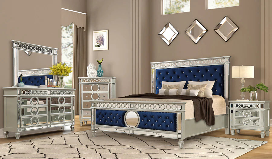 Blue Velvet & Mirror Accents Tufted Queen Bed McFerran B1688-Q Contemporary